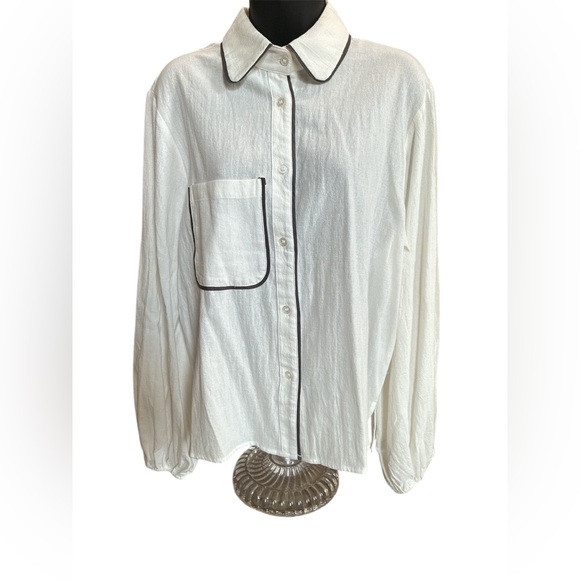 Commense White Cotton & Linen Contrast Trim Shirt. Size Medium. NWT - Picture 3 of 15